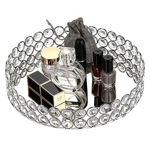Round Clear Beaded Glass Crystal Tray for Home Decor with Strong Metal Base & Reflective Mirrored Top/ Gift/Perfume/ Jewellery Organiser Tray / Wedding Ring Platter - By Marigold Stores®