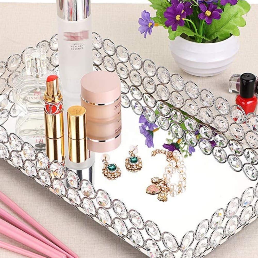 Rectangle Clear Beaded Glass Crystal Tray for Home Decor with Strong Metal Base & Reflective Mirrored Top/Home Decoration/Gift/Jewelry Organizer by Marigold Stores®