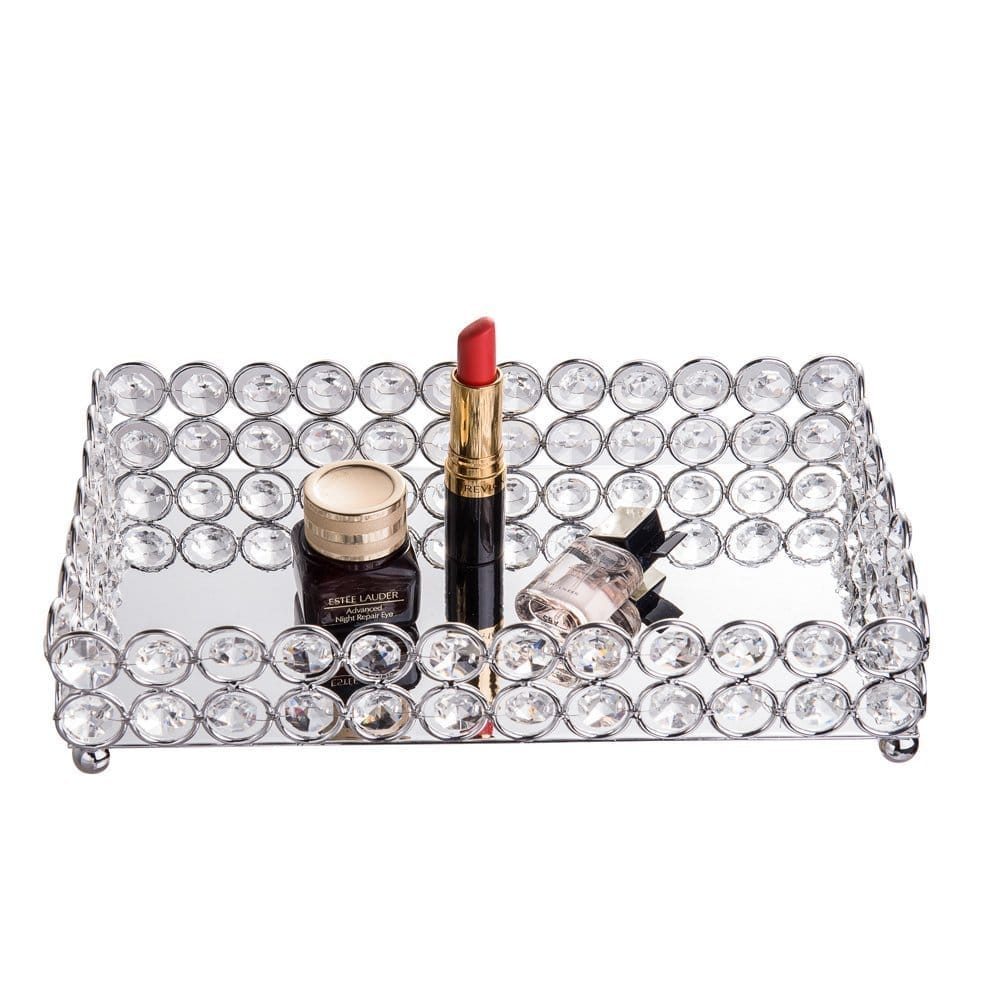 Rectangle Clear Beaded Glass Crystal Tray for Home Decor with Strong Metal Base & Reflective Mirrored Top/Home Decoration/Gift/Jewelry Organizer by Marigold Stores®