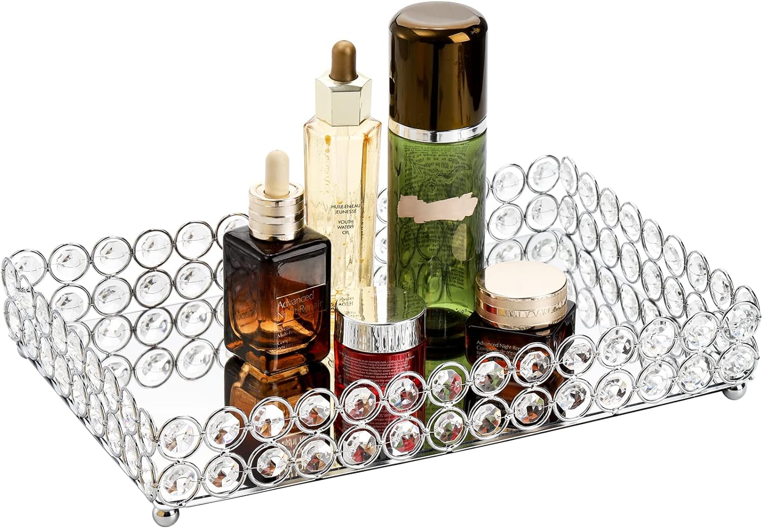 Rectangle Clear Beaded Glass Crystal Tray for Home Decor with Strong Metal Base & Reflective Mirrored Top/Home Decoration/Gift/Jewelry Organizer by Marigold Stores®