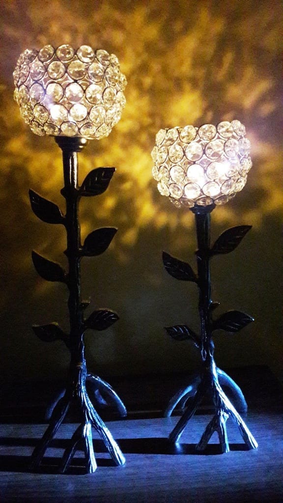 Gift Designer Decorative Tableware Clear Glass Crystal Golden Candle Stand/ Candle Holder / Tealight Holder With Unique Tree Design Base - Set of 2 + 2 Tealight Candles - BY Marigold Stores ®