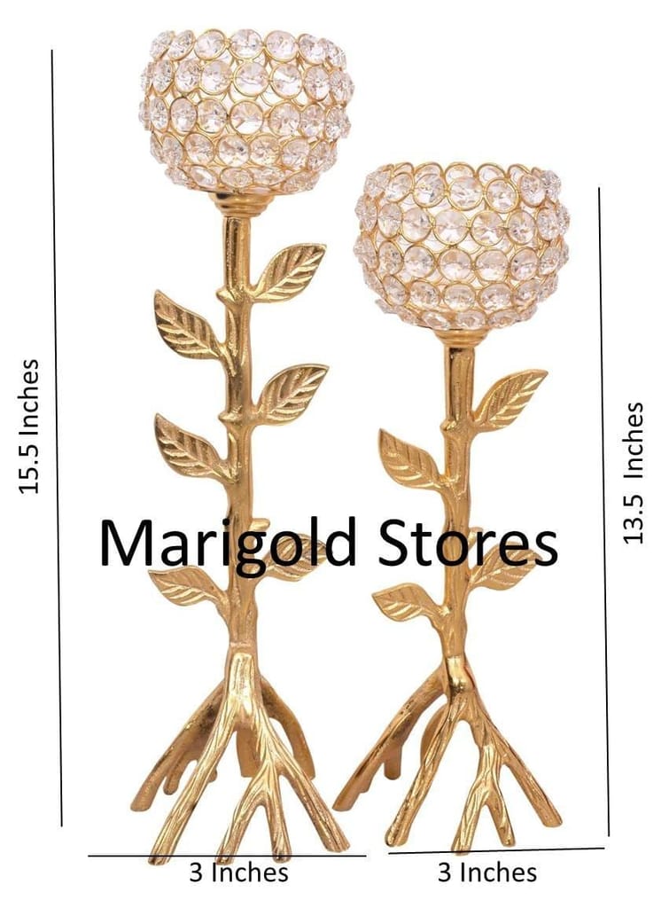 Gift Designer Decorative Tableware Clear Glass Crystal Golden Candle Stand/ Candle Holder / Tealight Holder With Unique Tree Design Base - Set of 2 + 2 Tealight Candles - BY Marigold Stores ®