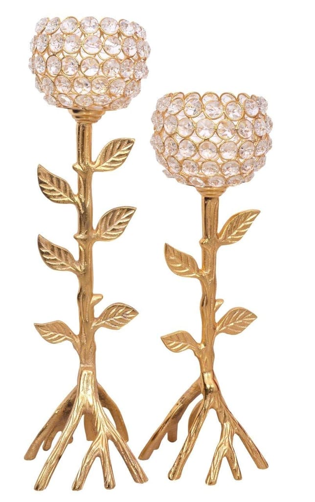 Gift Designer Decorative Tableware Clear Glass Crystal Golden Candle Stand/ Candle Holder / Tealight Holder With Unique Tree Design Base - Set of 2 + 2 Tealight Candles - BY Marigold Stores ®