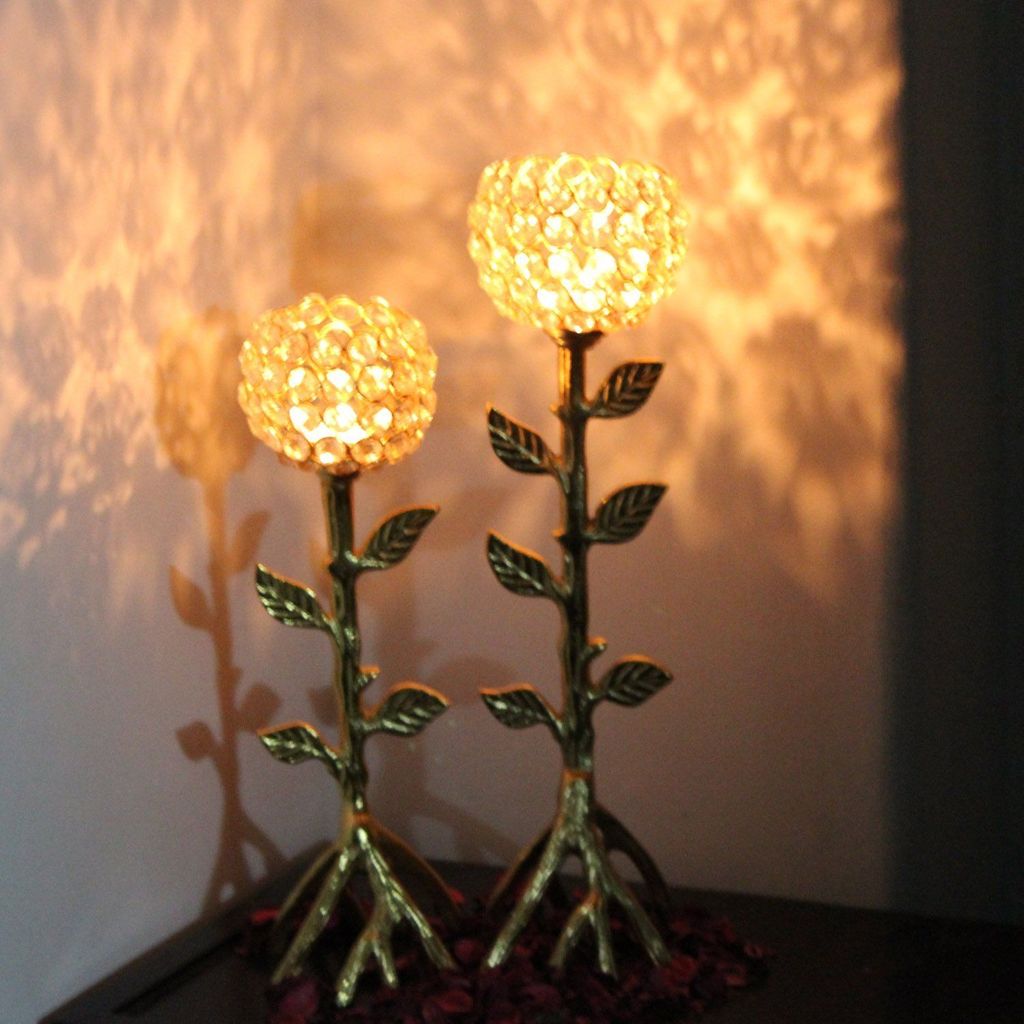 Gift Designer Decorative Tableware Clear Glass Crystal Golden Candle Stand/ Candle Holder / Tealight Holder With Unique Tree Design Base - Set of 2 + 2 Tealight Candles - BY Marigold Stores ®