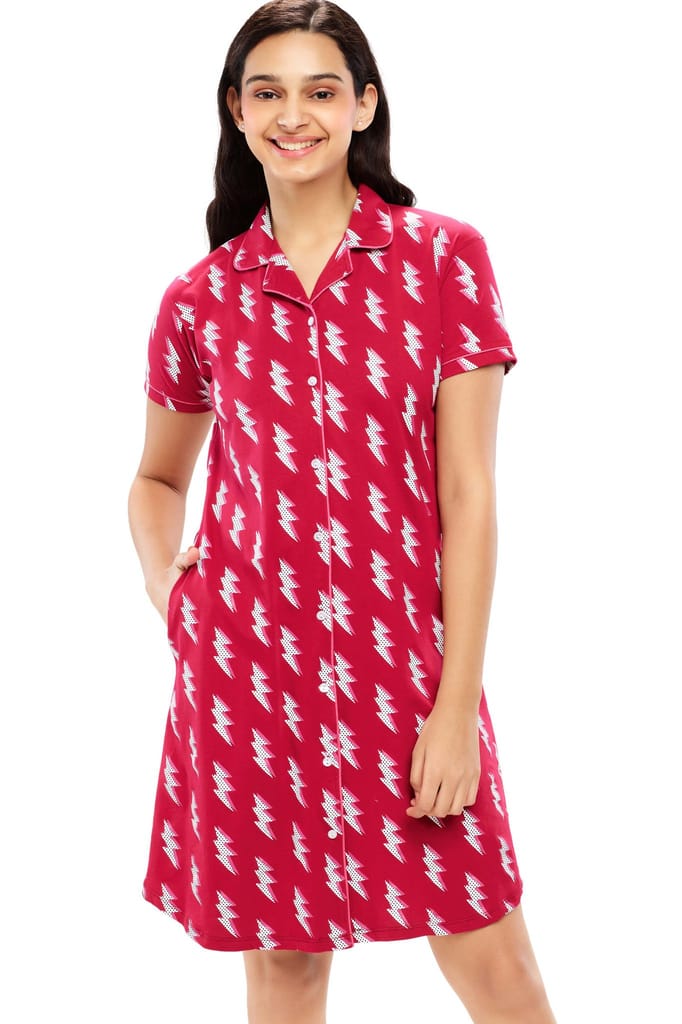 ZEYO Women Cotton Night Dress Blue Flash Print Short Nighty