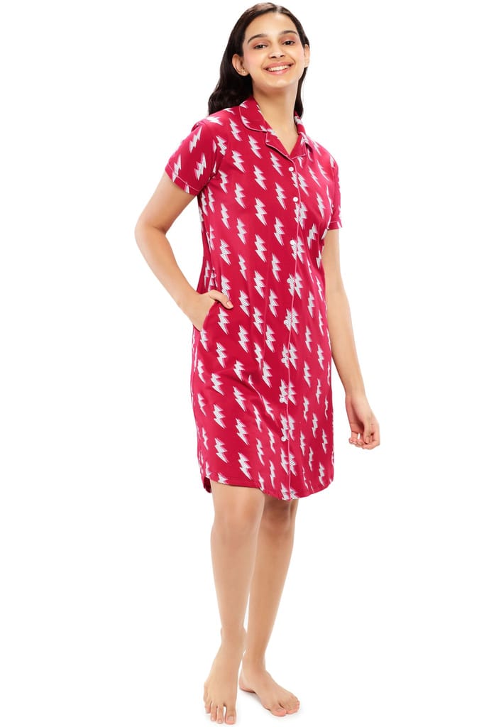 ZEYO Women Cotton Night Dress Blue Flash Print Short Nighty