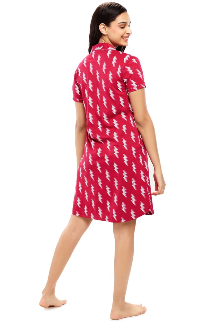 ZEYO Women Cotton Night Dress Blue Flash Print Short Nighty