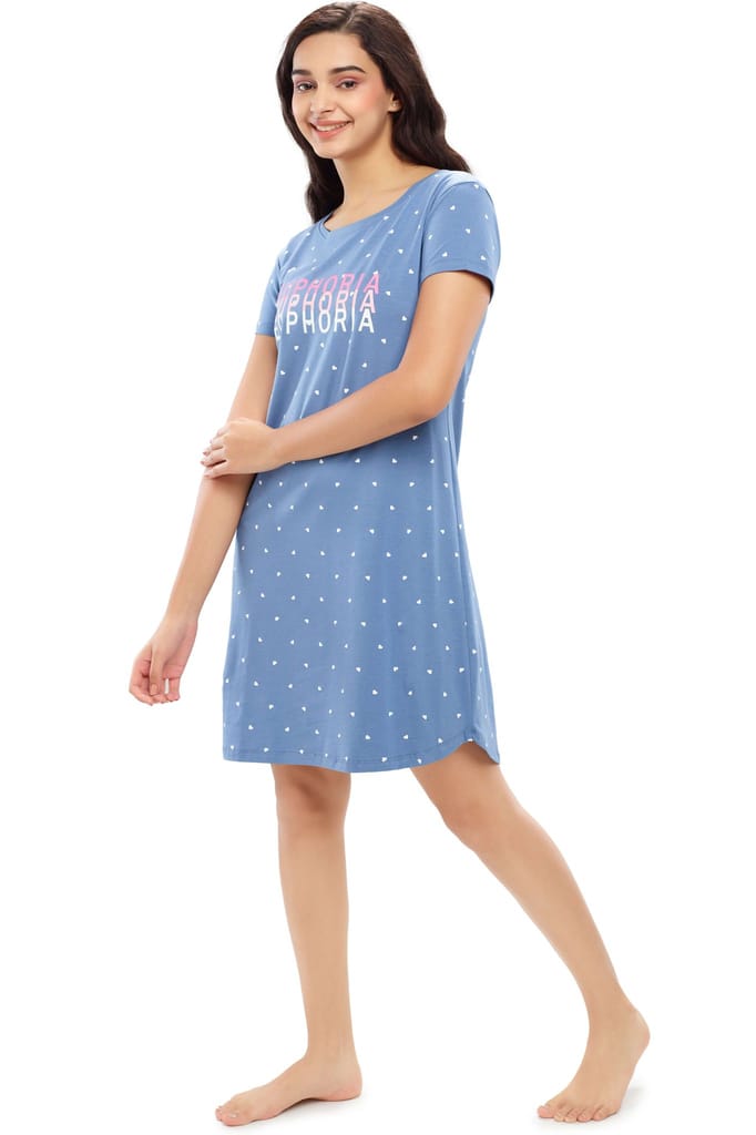ZEYO Women Cotton Night Dress Blue Heart Printed Short Nighty