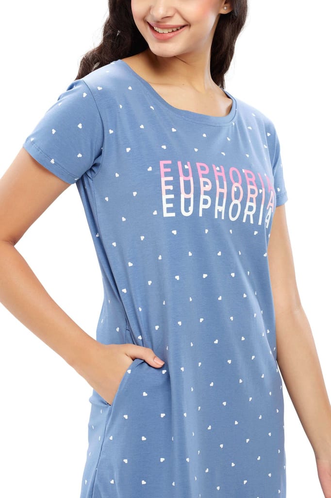 ZEYO Women Cotton Night Dress Blue Heart Printed Short Nighty