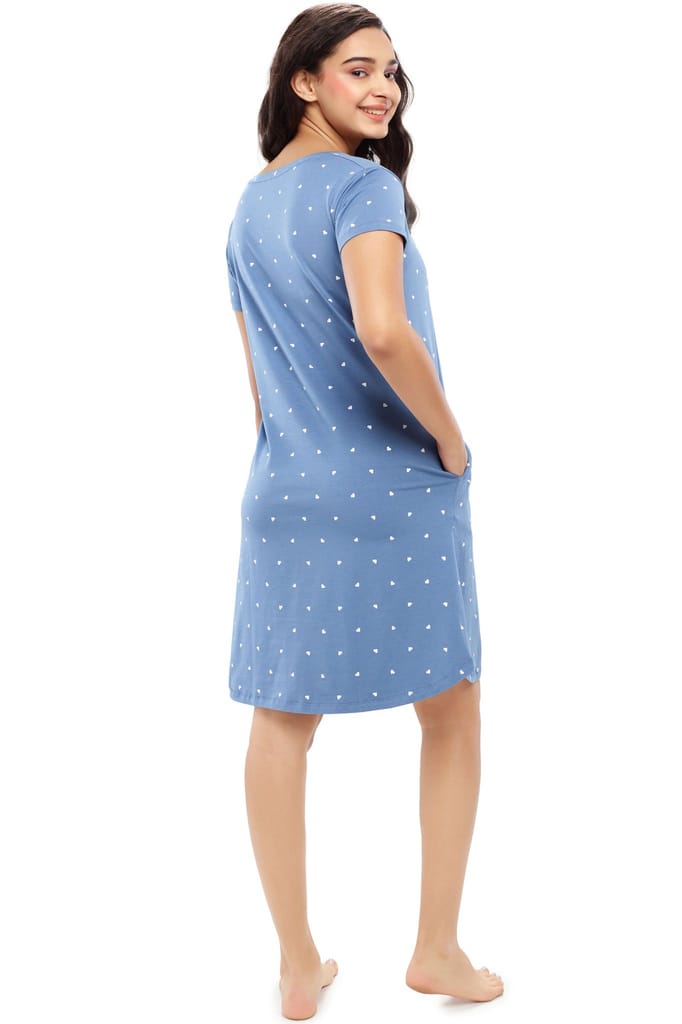 ZEYO Women Cotton Night Dress Blue Heart Printed Short Nighty