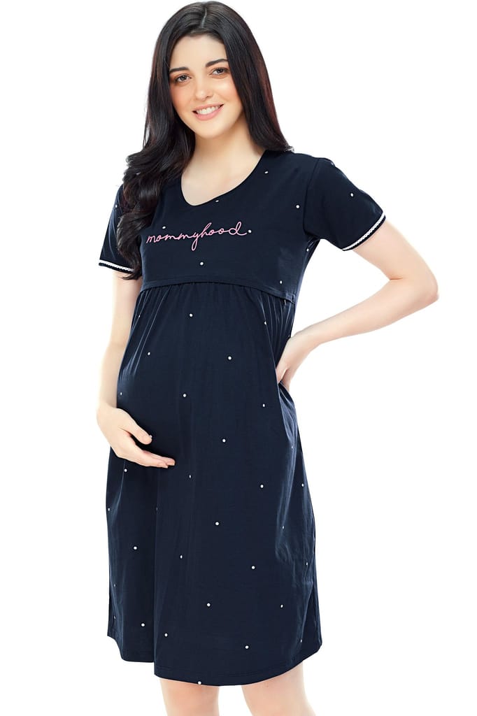ZEYO Women Cotton Navy Blue Dot Print Maternity & Feeding Night Dress