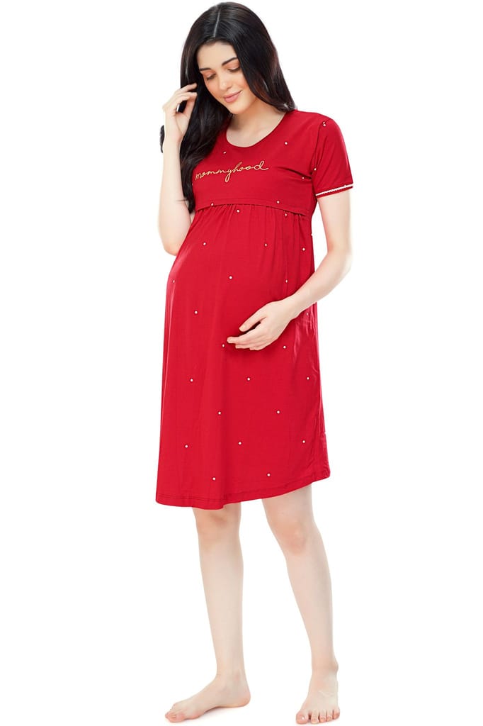ZEYO Women Cotton Navy Blue Dot Print Maternity & Feeding Night Dress