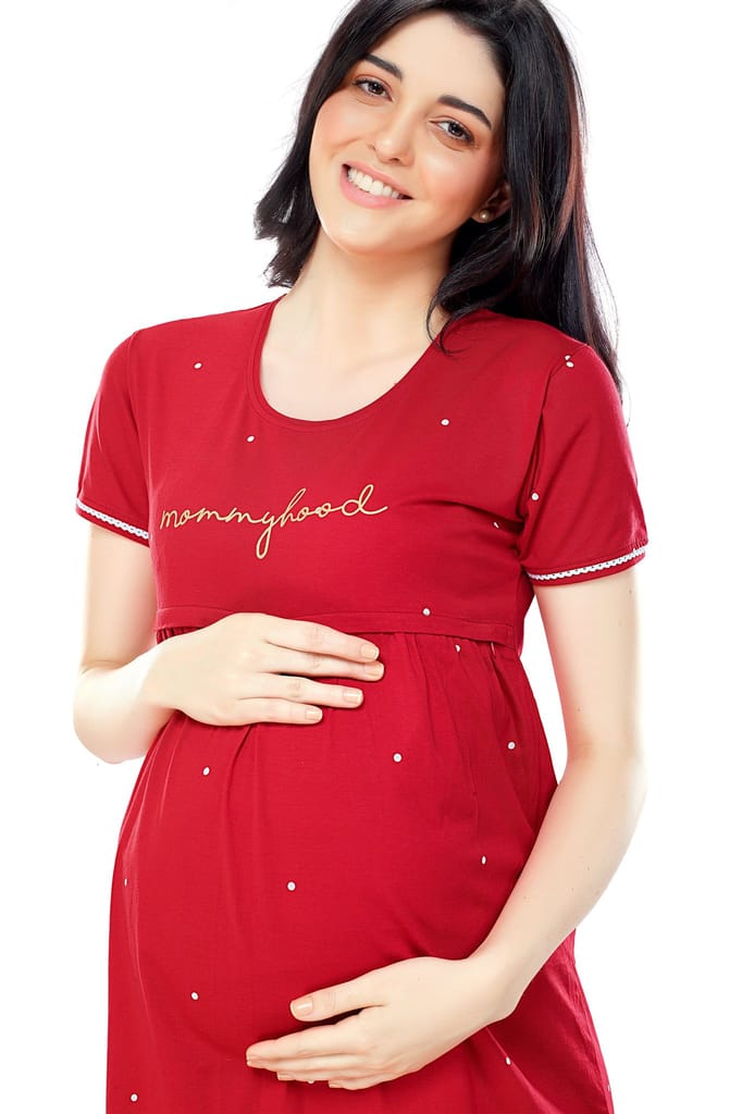 ZEYO Women Cotton Navy Blue Dot Print Maternity & Feeding Night Dress