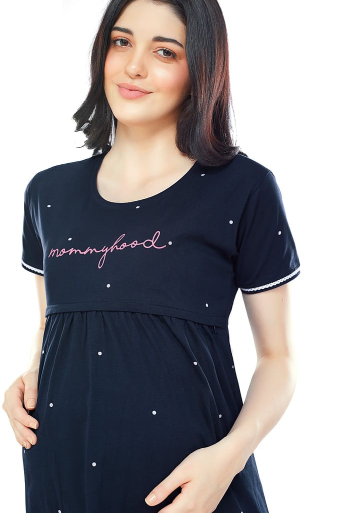 ZEYO Women Cotton Navy Blue Dot Print Maternity & Feeding Night Dress