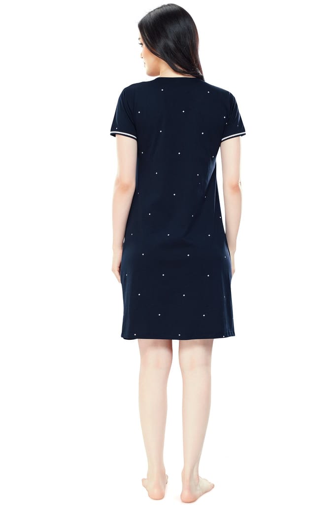 ZEYO Women Cotton Navy Blue Dot Print Maternity & Feeding Night Dress