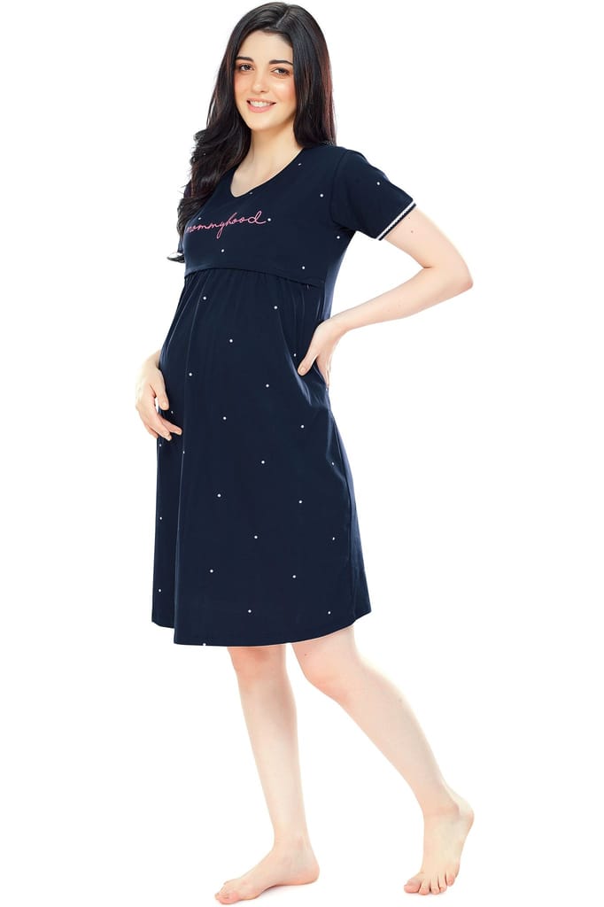 ZEYO Women Cotton Navy Blue Dot Print Maternity & Feeding Night Dress