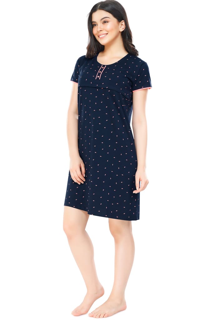 ZEYO Women Cotton Navy Blue Flash Print Nursing & Feeding Night Dress