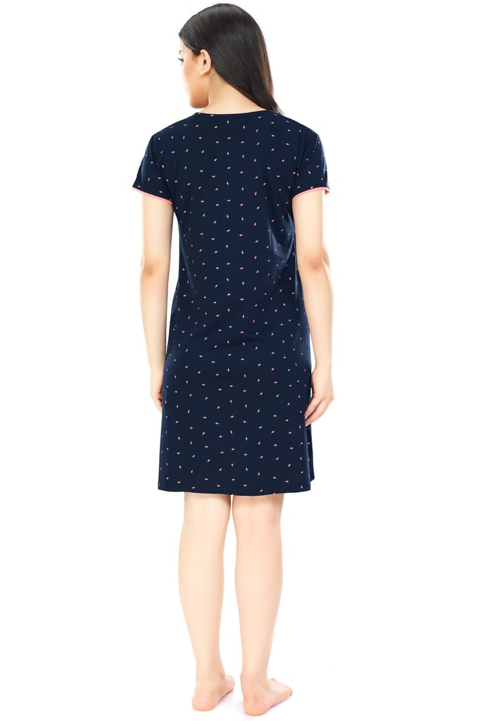ZEYO Women Cotton Navy Blue Flash Print Nursing & Feeding Night Dress