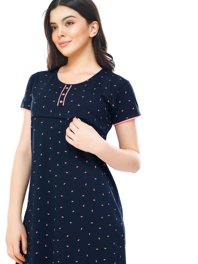 ZEYO Women Cotton Navy Blue Flash Print Nursing & Feeding Night Dress