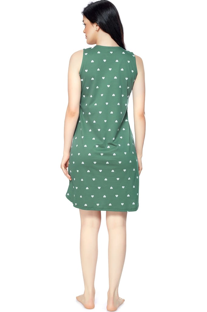 ZEYO Women Cotton Night Dress Green Heart Print Short Nighty