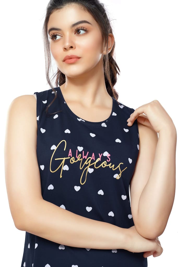 ZEYO Women Cotton Night Dress Green Heart Print Short Nighty