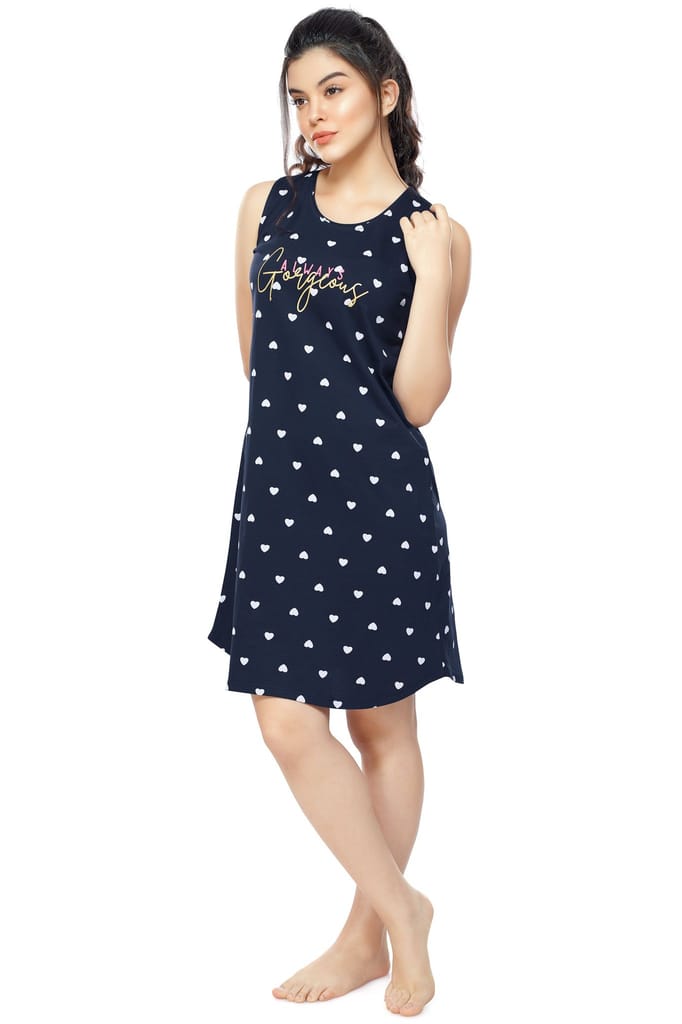 ZEYO Women Cotton Night Dress Green Heart Print Short Nighty