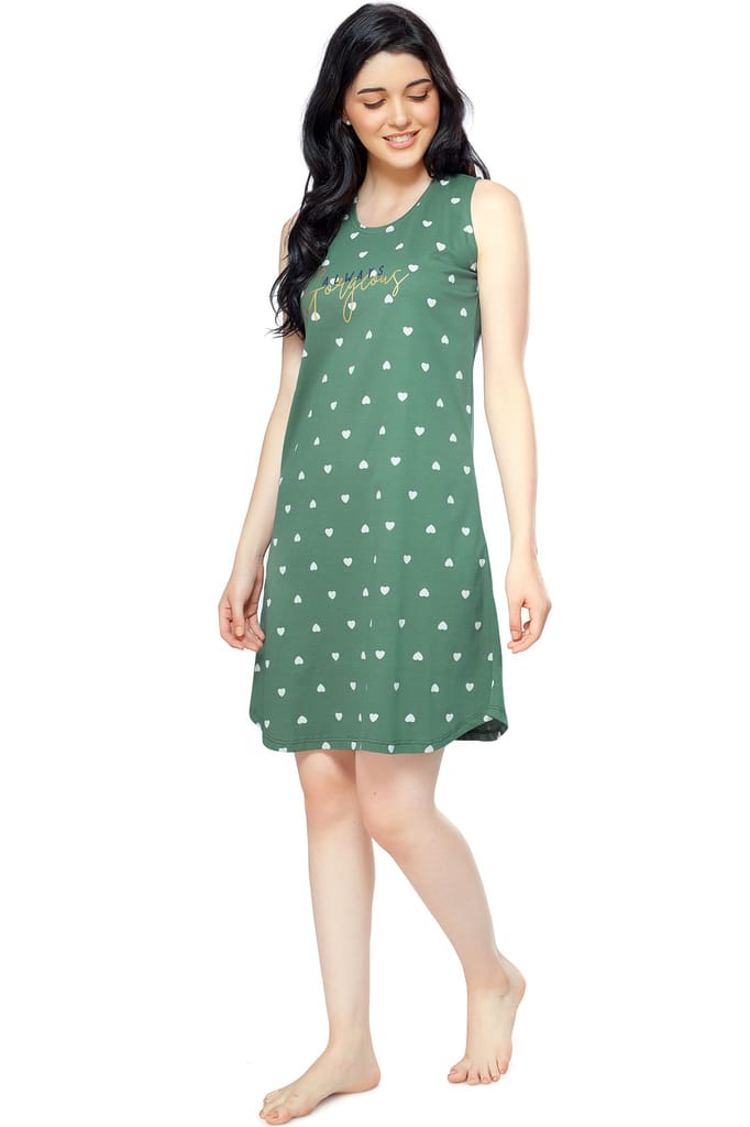 ZEYO Women Cotton Night Dress Green Heart Print Short Nighty