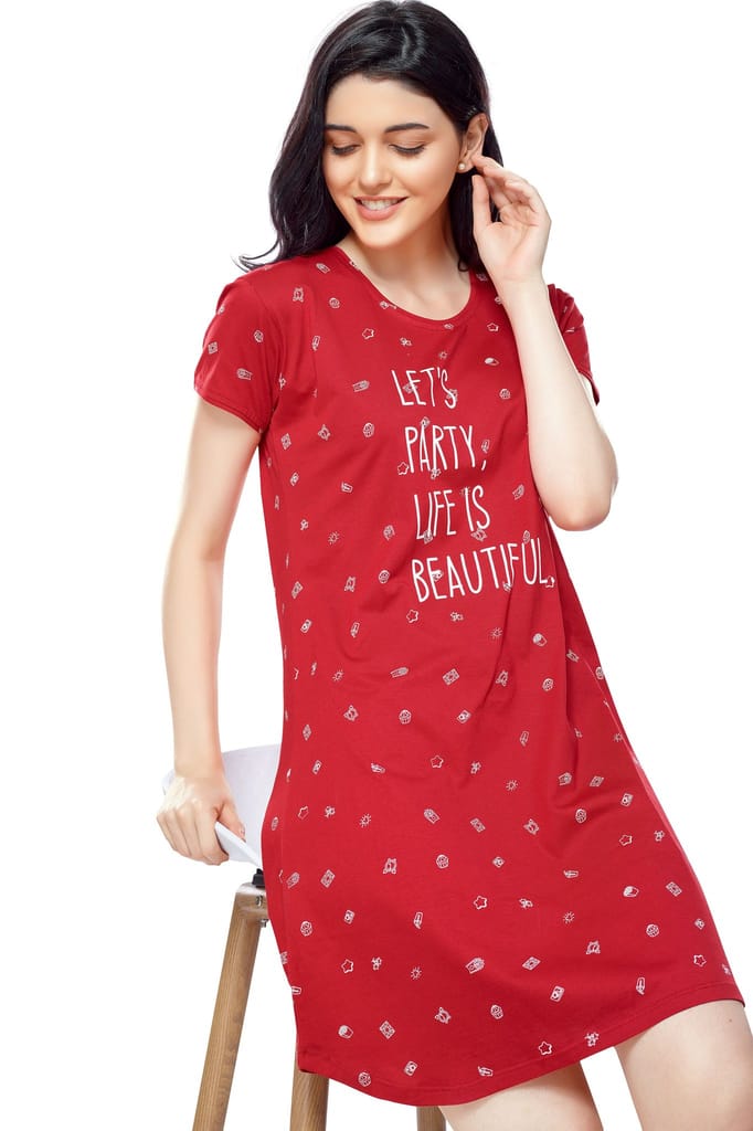 ZEYO Women Cotton Night Dress Navy Blue Multi Printed Short Nighty