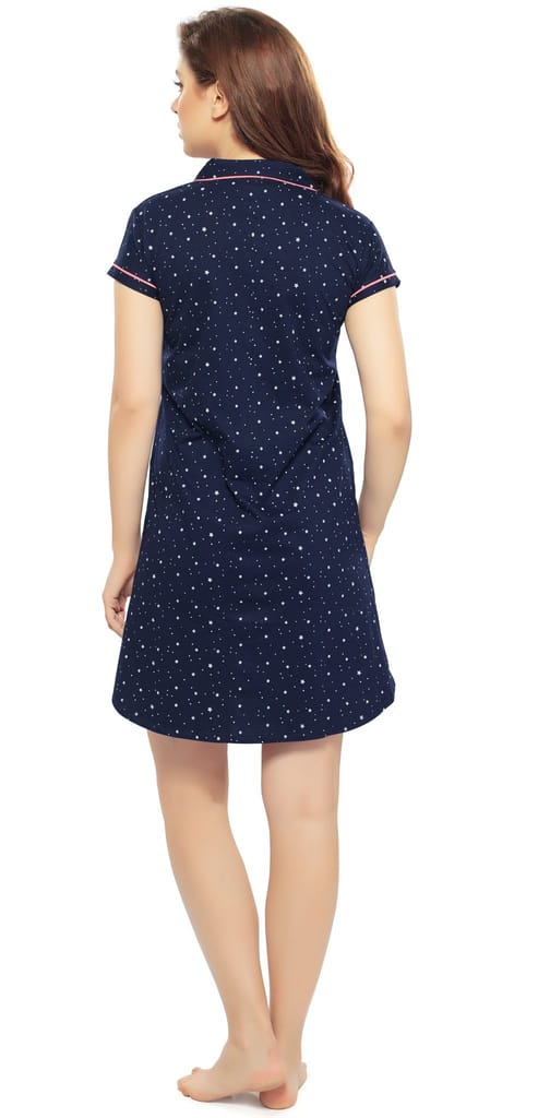 ZEYO Women Cotton Night Dress Navy Blue Star Print Short Nighty