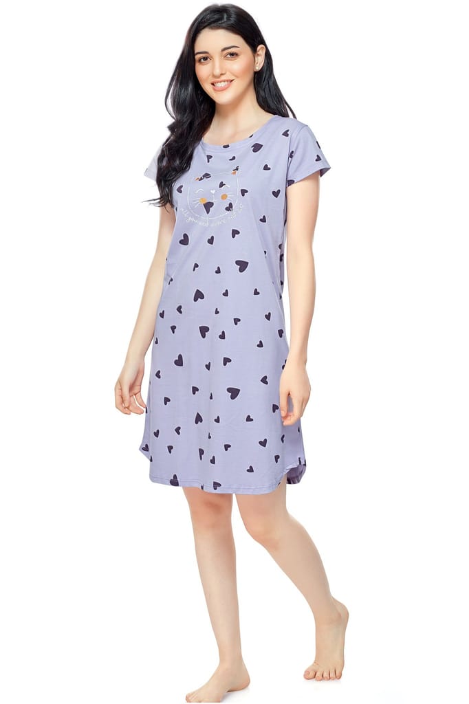 ZEYO Women Cotton Night Dress Pink Heart Print Short Nighty