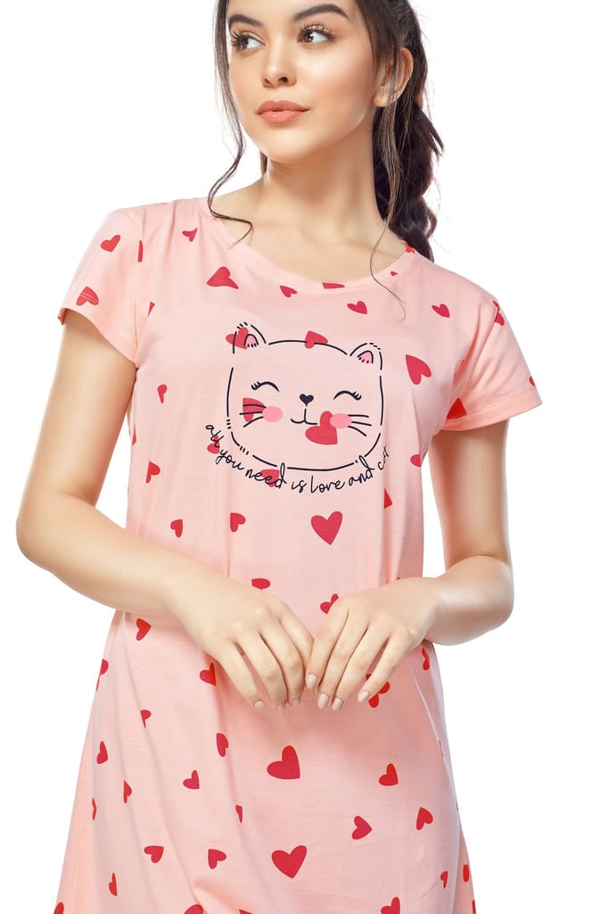 ZEYO Women Cotton Night Dress Pink Heart Print Short Nighty
