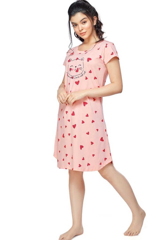 ZEYO Women Cotton Night Dress Pink Heart Print Short Nighty