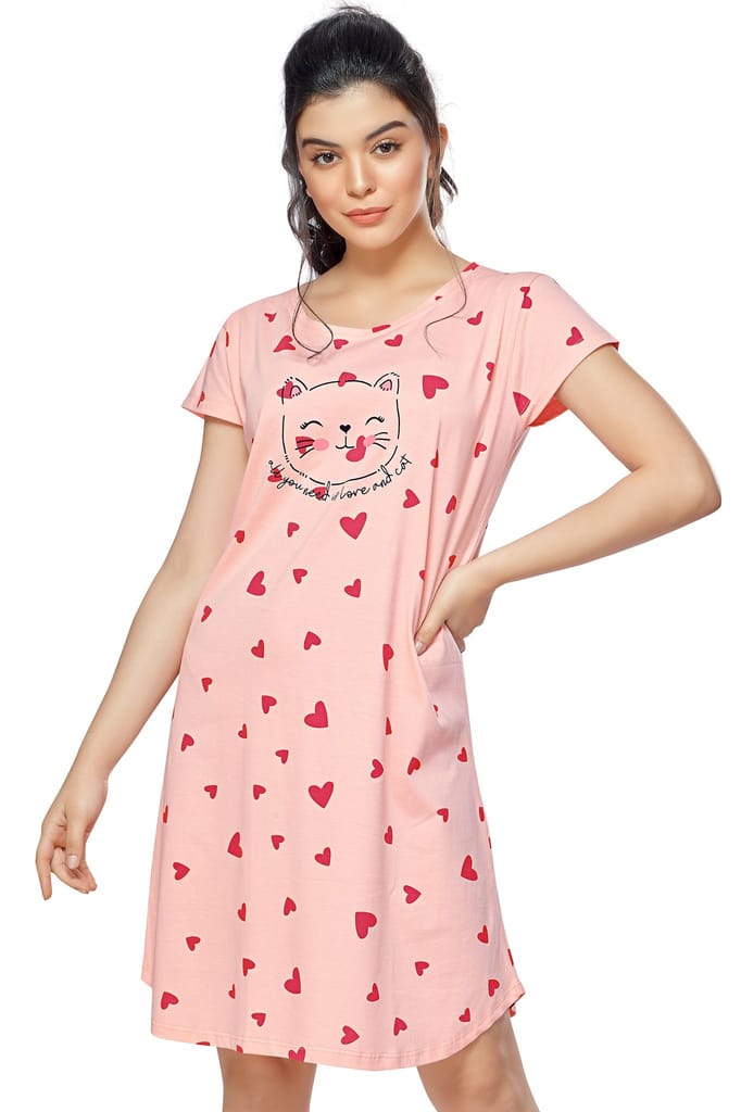 ZEYO Women Cotton Night Dress Pink Heart Print Short Nighty