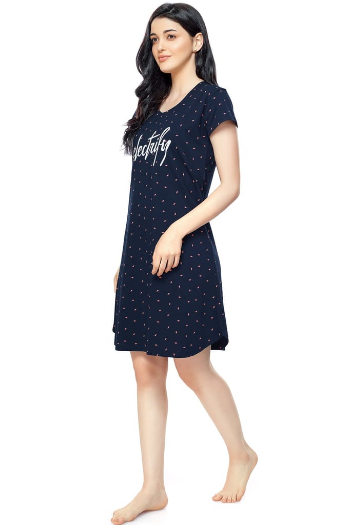 ZEYO Women Cotton Night Dress Navy Blue Flash Print Short Nighty