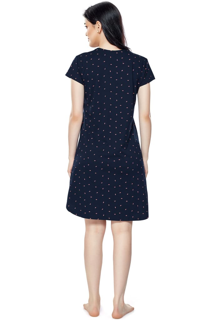 ZEYO Women Cotton Night Dress Navy Blue Flash Print Short Nighty
