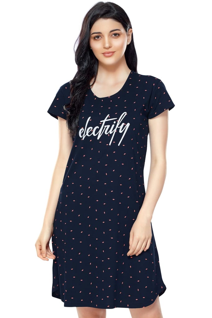 ZEYO Women Cotton Night Dress Navy Blue Flash Print Short Nighty