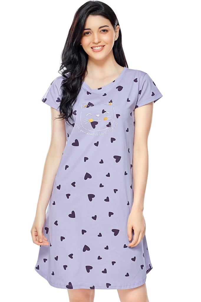 ZEYO Women Cotton Night Dress Pink Heart Print Short Nighty