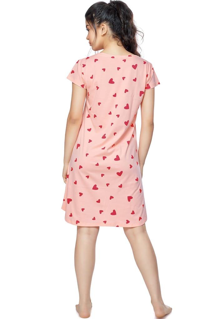 ZEYO Women Cotton Night Dress Pink Heart Print Short Nighty