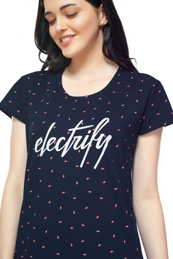 ZEYO Women Cotton Night Dress Navy Blue Flash Print Short Nighty
