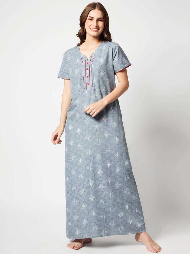 Zeyo Women Micro Polyester Light Blue Leaf Print Nighty