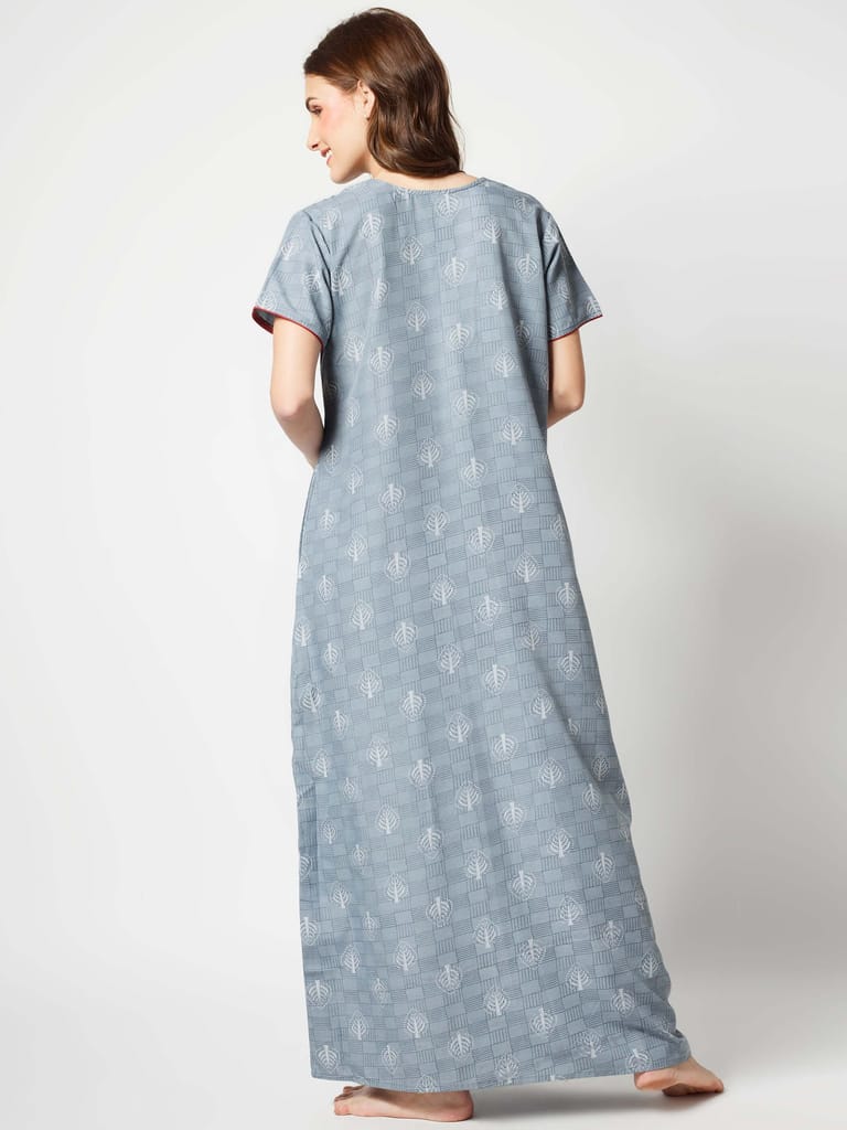 Zeyo Women Micro Polyester Light Blue Leaf Print Nighty