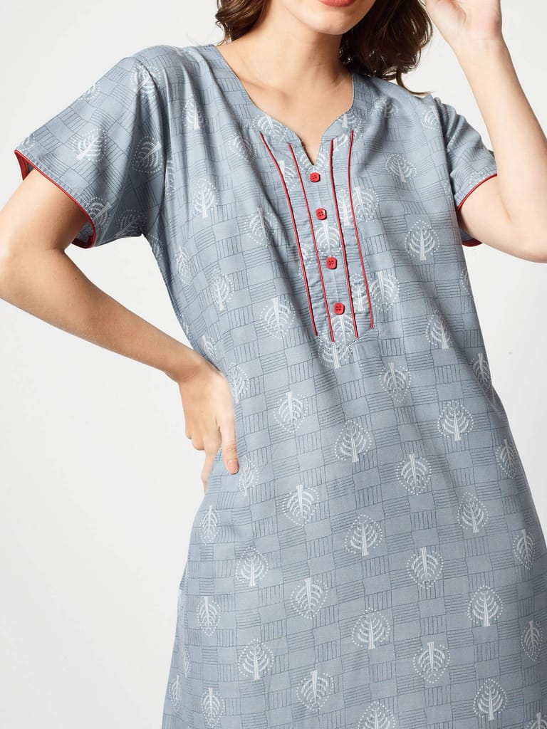 Zeyo Women Micro Polyester Light Blue Leaf Print Nighty