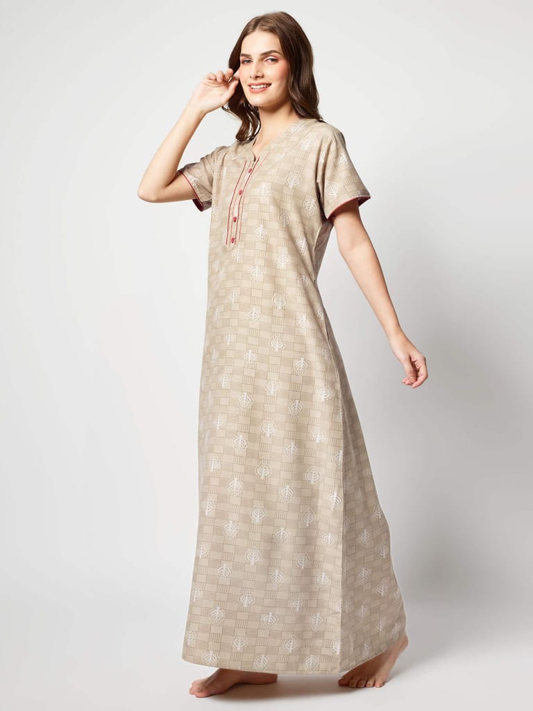 Zeyo Women Micro Polyester Light Blue Leaf Print Nighty