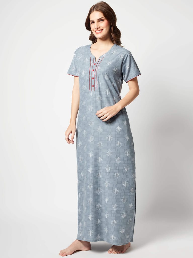 Zeyo Women Micro Polyester Light Blue Leaf Print Nighty