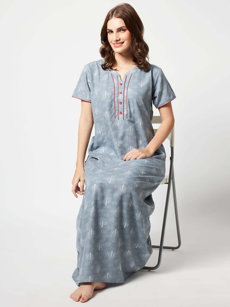 Zeyo Women Micro Polyester Light Blue Leaf Print Nighty