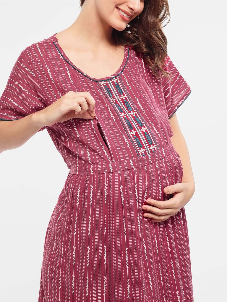 Zeyo Women Rayon Blue Stripes Print Maternity Feeding Nighty