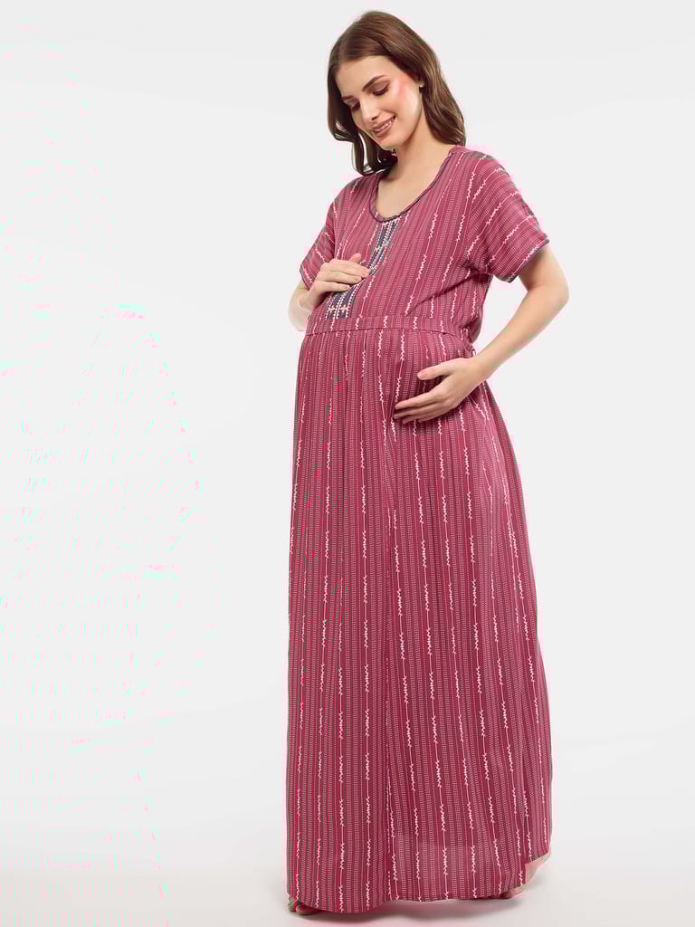 Zeyo Women Rayon Blue Stripes Print Maternity Feeding Nighty
