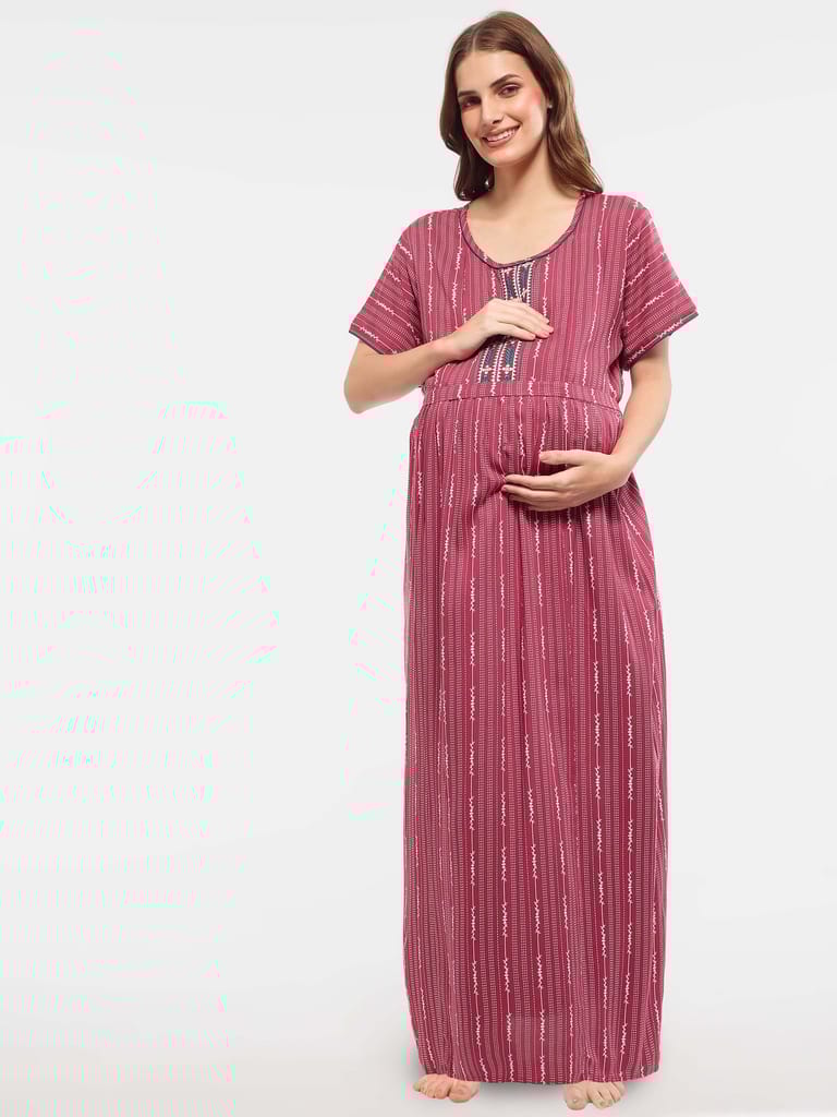 Zeyo Women Rayon Blue Stripes Print Maternity Feeding Nighty
