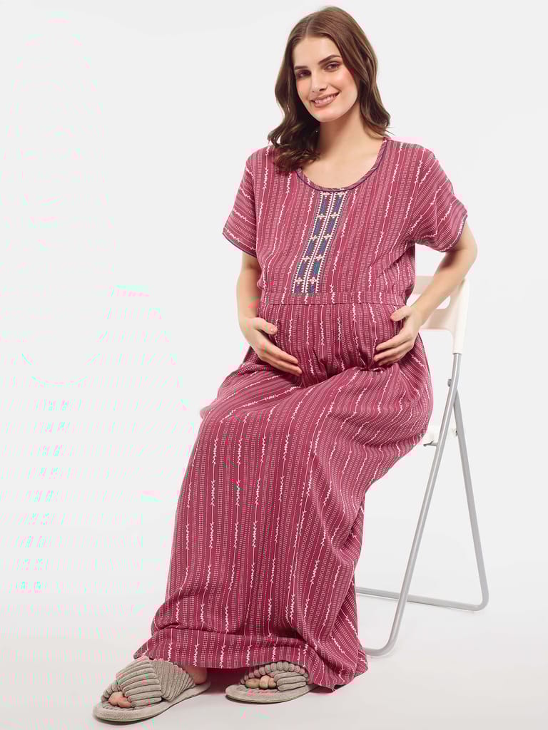 Zeyo Women Rayon Blue Stripes Print Maternity Feeding Nighty
