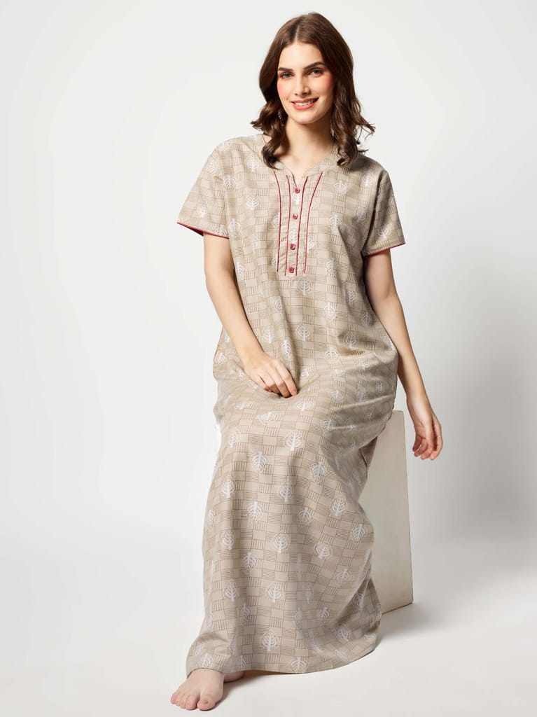 Zeyo Women Micro Polyester Light Blue Leaf Print Nighty